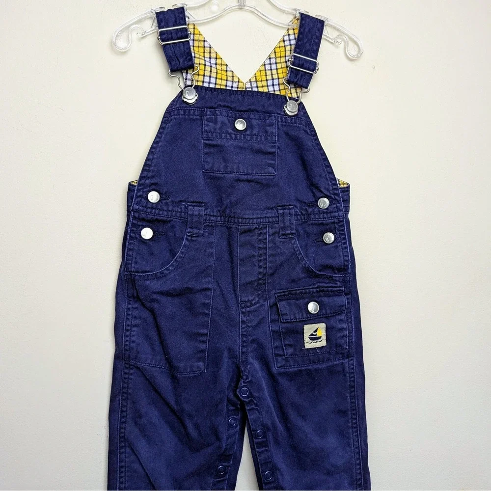 Vintage Gymboree Sailboat 2002 Boat Navy Plaid Lined Overalls Y2K 12-18 Months